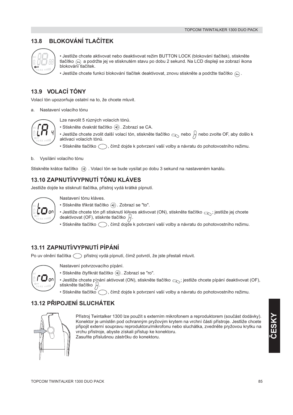 Ýesky, 8 blokování tlaýítek, 9 volací tóny | 10 zapnutí/vypnutí tónu kláves, 11 zapnutí/vypnutí pípání, 12 pěipojení sluchátek | Topcom 1300 DUO PACK User Manual | Page 85 / 124
