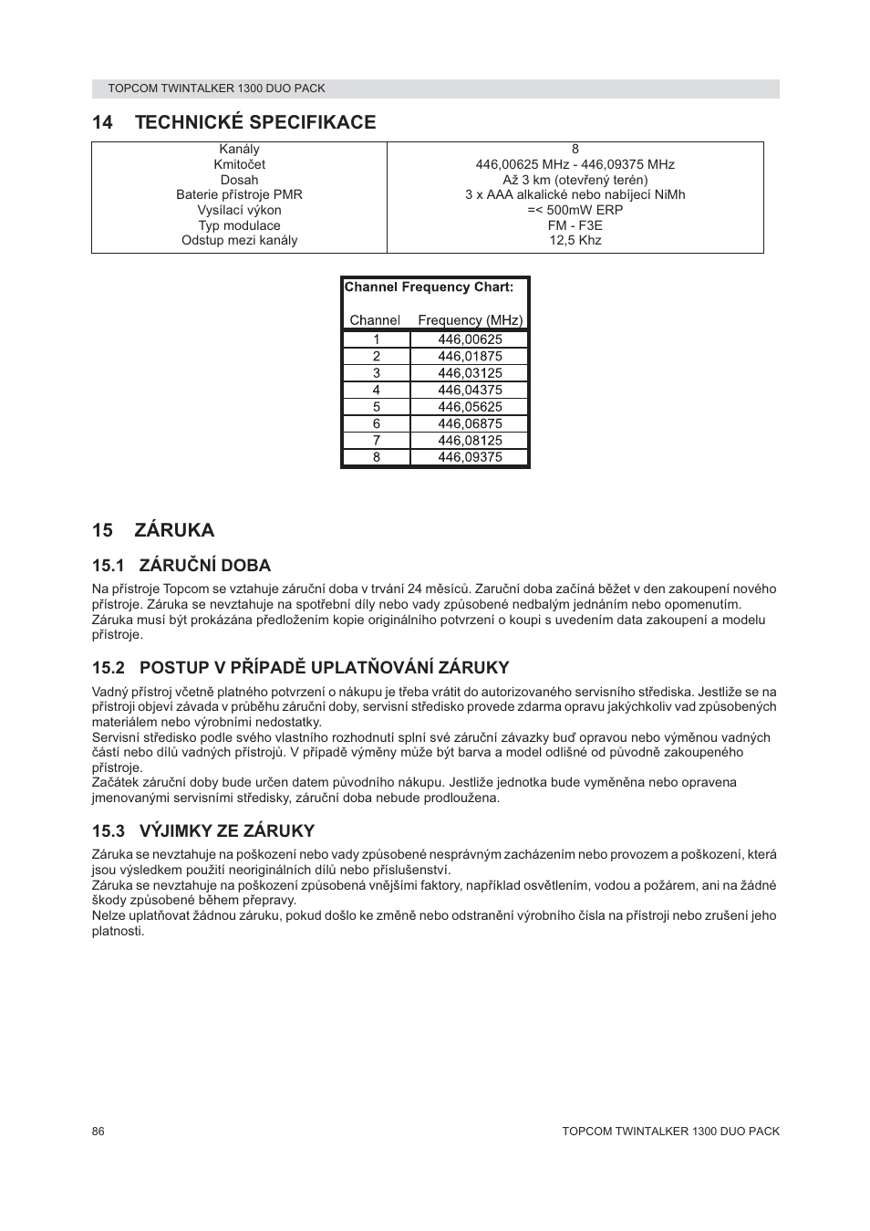 14 technické specifikace 15 záruka | Topcom 1300 DUO PACK User Manual | Page 86 / 124