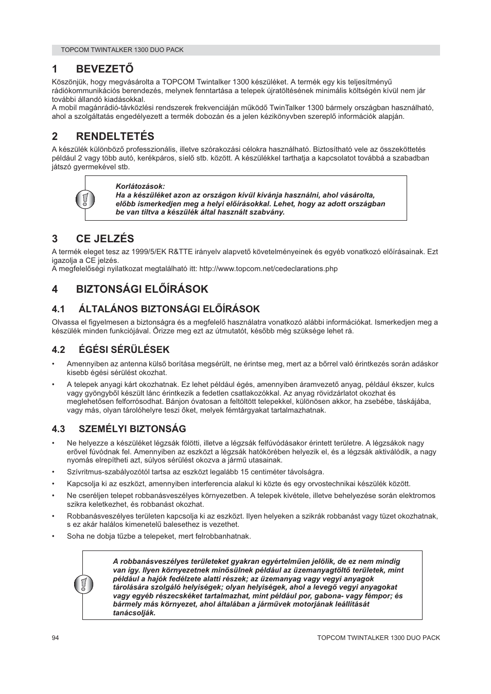 1bevezetė, 2rendeltetés, 3ce jelzés | 4biztonsági elėírások | Topcom 1300 DUO PACK User Manual | Page 94 / 124