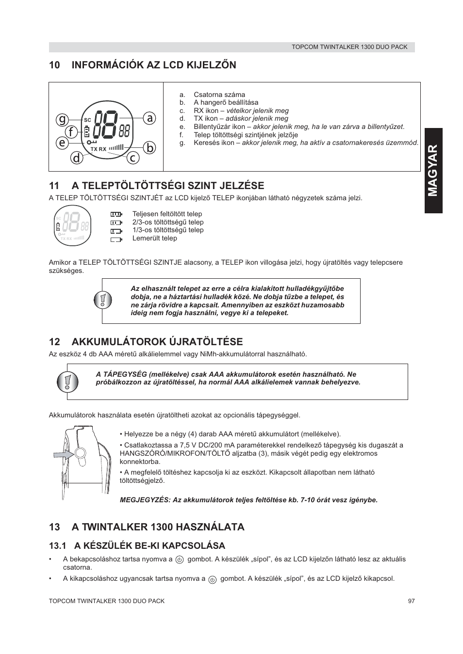 Magy ar, 12 akkumulátorok újratöltése | Topcom 1300 DUO PACK User Manual | Page 97 / 124