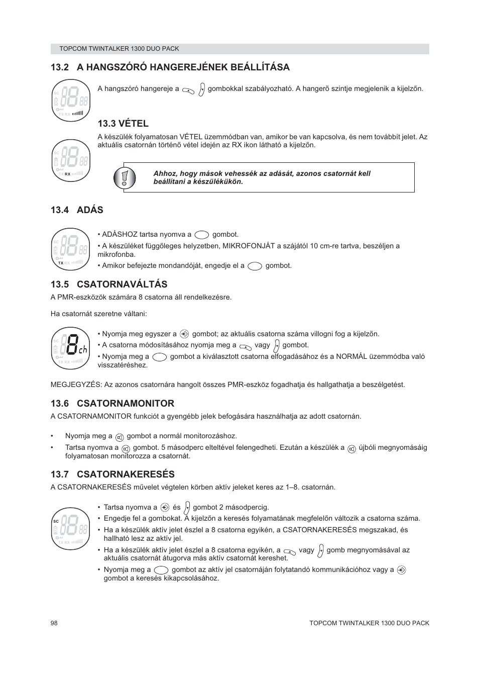 2 a hangszóró hangerejének beállítása, 3 vétel, 4 adás | 5 csatornaváltás, 6 csatornamonitor, 7 csatornakeresés | Topcom 1300 DUO PACK User Manual | Page 98 / 124