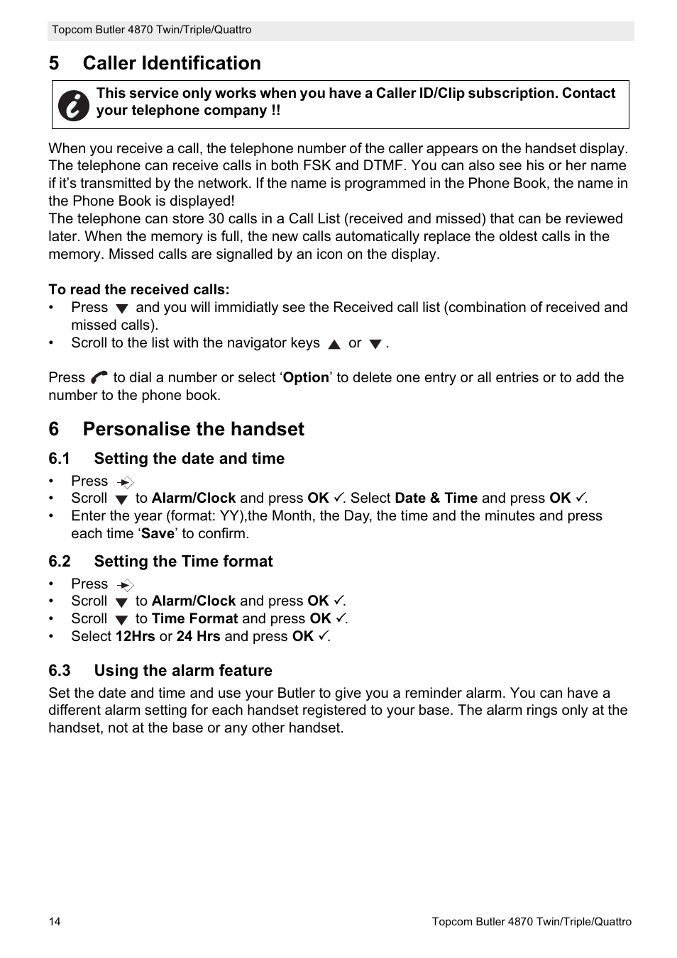 5caller identification, 6personalise the handset | Topcom BUTLER 4870 User Manual | Page 14 / 24