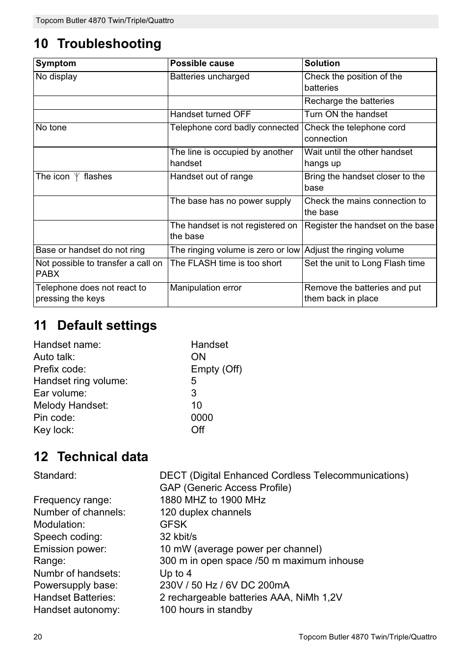 10 troubleshooting 11 default settings, 12 technical data | Topcom BUTLER 4870 User Manual | Page 20 / 24