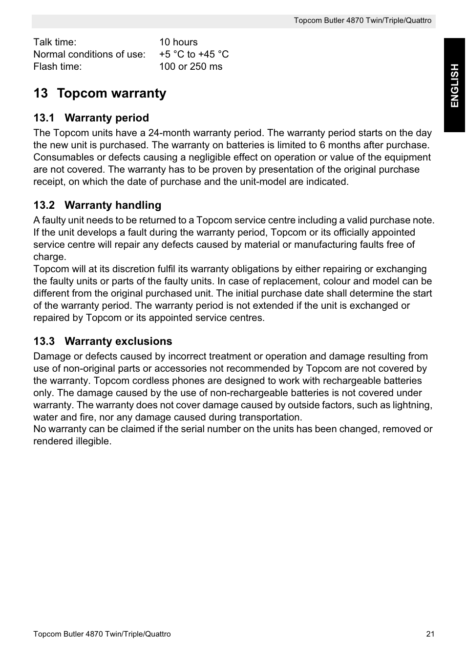 13 topcom warranty | Topcom BUTLER 4870 User Manual | Page 21 / 24