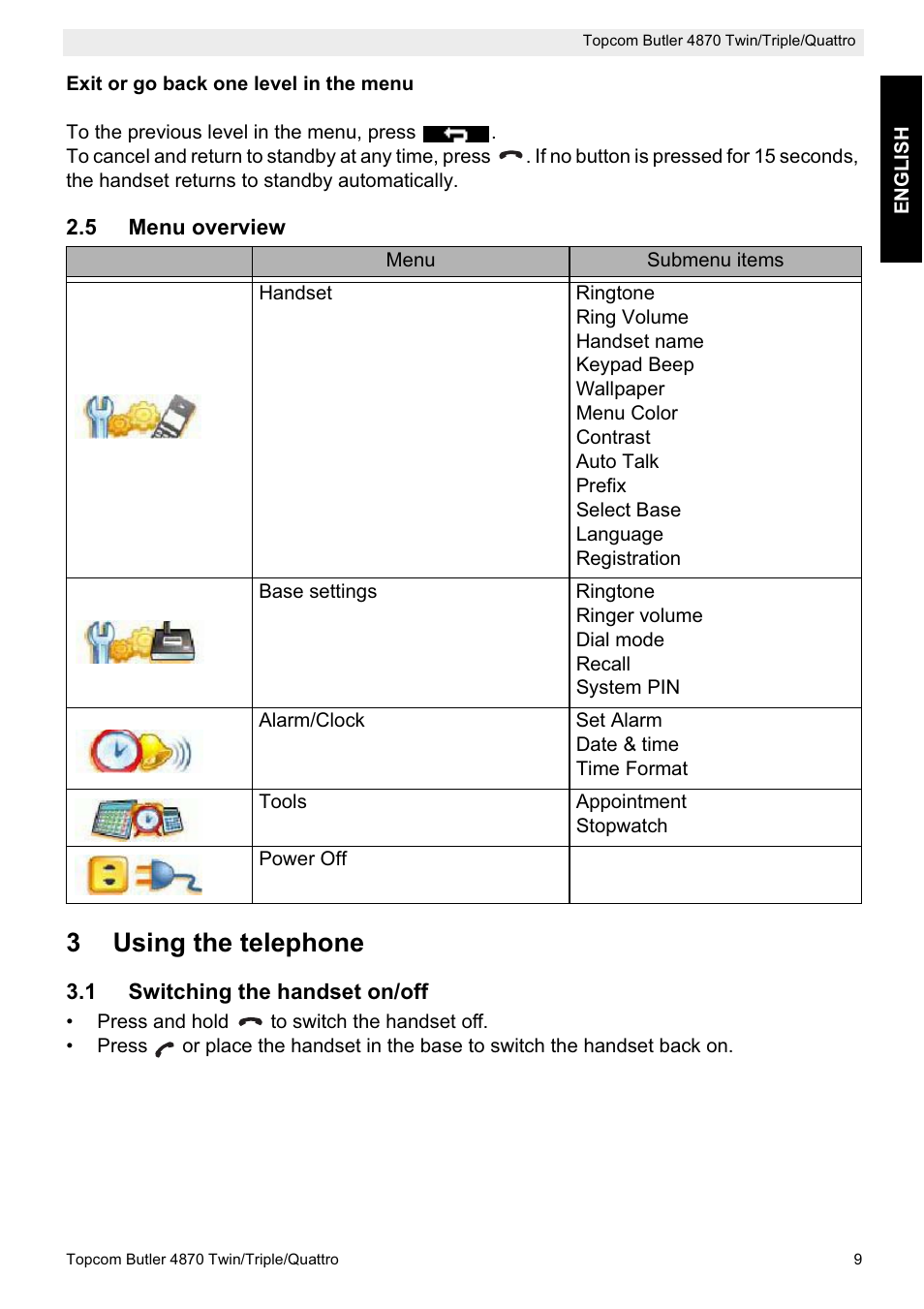 3using the telephone | Topcom BUTLER 4870 User Manual | Page 9 / 24