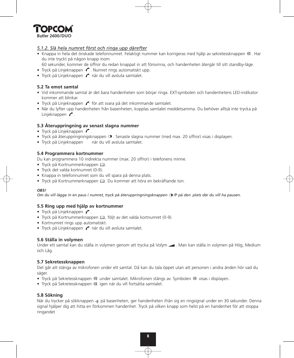 Topcom BUTLER 2600 User Manual | Page 8 / 36