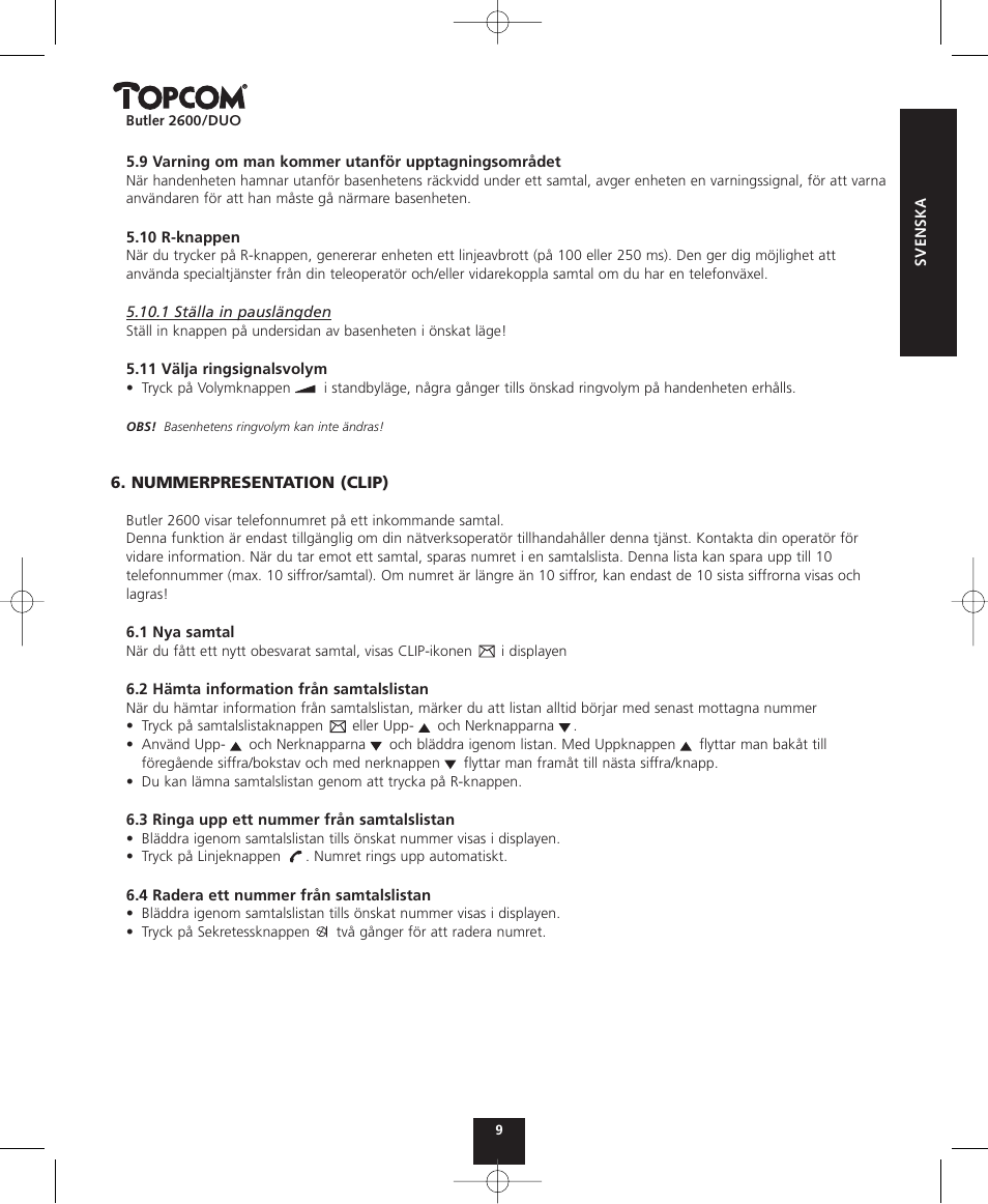 Topcom BUTLER 2600 User Manual | Page 9 / 36