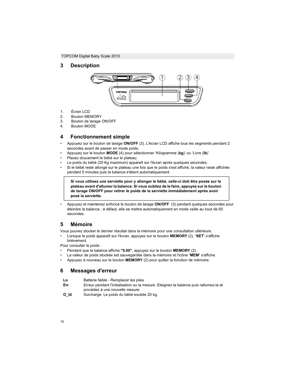 3description, 4fonctionnement simple, 5mémoire | 6messages d'erreur | Topcom 2010 User Manual | Page 10 / 52