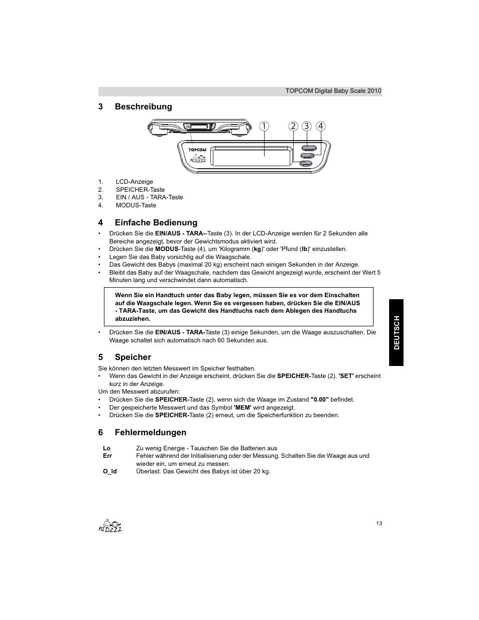 3beschreibung, 4einfache bedienung, 5speicher | 6fehlermeldungen | Topcom 2010 User Manual | Page 13 / 52