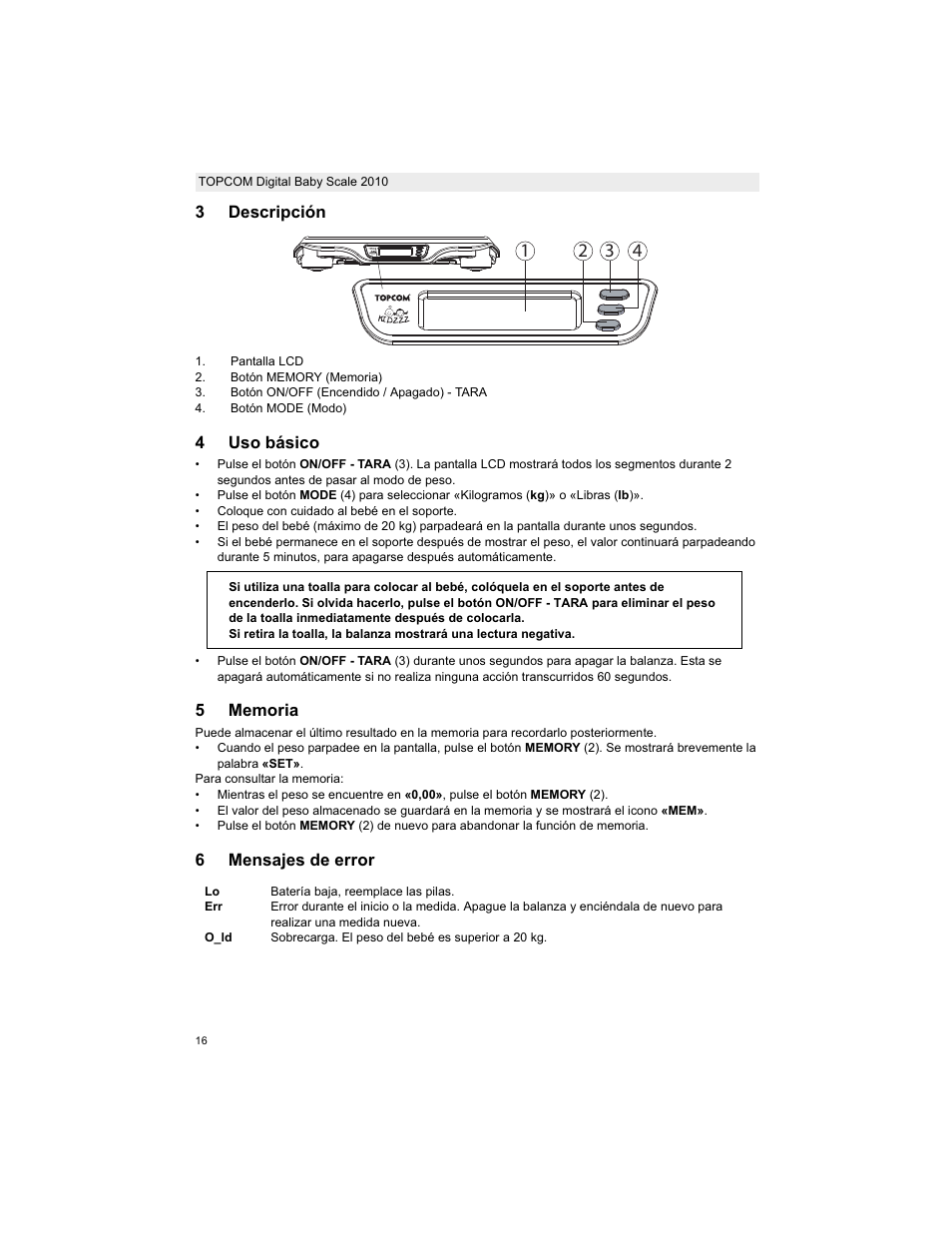 3descripción, 4uso básico, 6mensajes de error | Topcom 2010 User Manual | Page 16 / 52