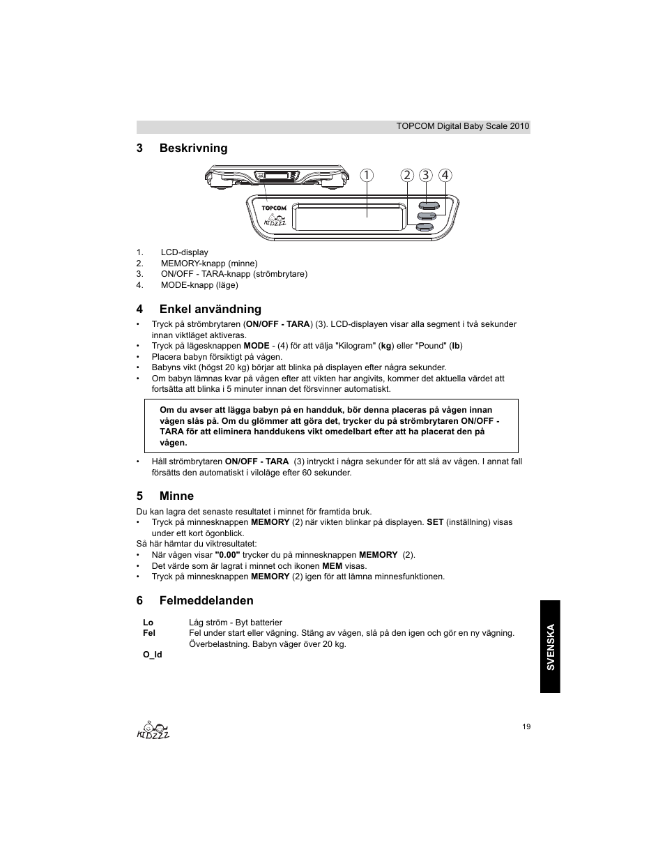 3beskrivning, 4enkel användning, 5minne | 6felmeddelanden | Topcom 2010 User Manual | Page 19 / 52