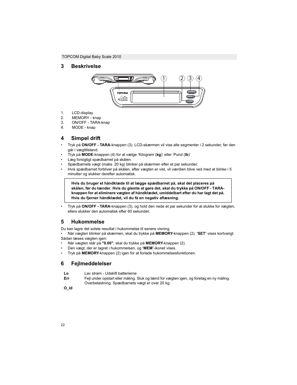 3beskrivelse, 4simpel drift, 5hukommelse | 6fejlmeddelelser | Topcom 2010 User Manual | Page 22 / 52