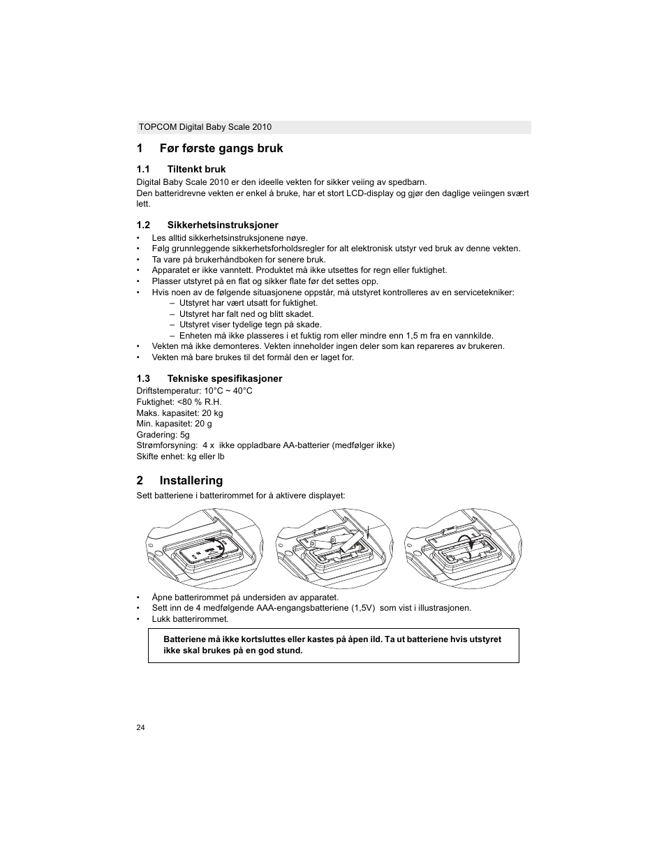1før første gangs bruk, 2installering | Topcom 2010 User Manual | Page 24 / 52