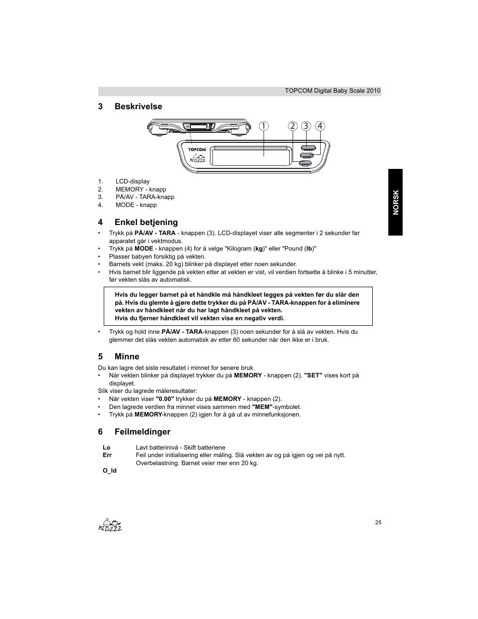3beskrivelse, 4enkel betjening, 5minne | 6feilmeldinger | Topcom 2010 User Manual | Page 25 / 52