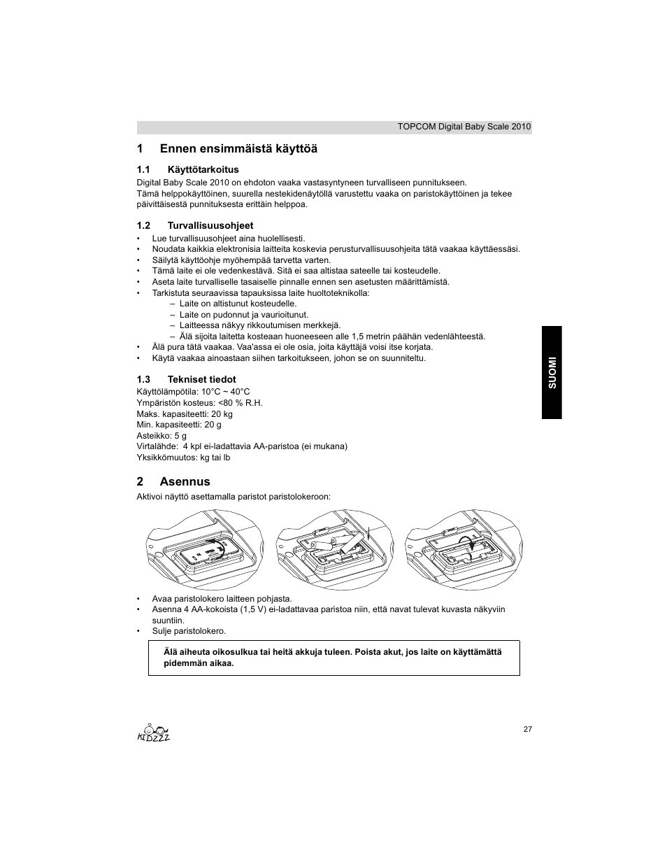 1ennen ensimmäistä käyttöä, 2asennus | Topcom 2010 User Manual | Page 27 / 52