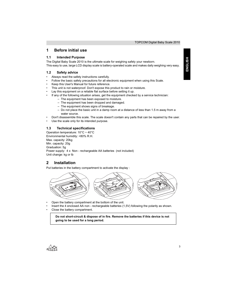 1before initial use, 2installation | Topcom 2010 User Manual | Page 3 / 52