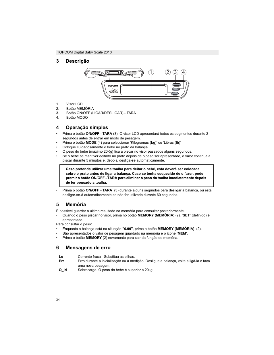 3descrição, 4operação simples, 5memória | 6mensagens de erro | Topcom 2010 User Manual | Page 34 / 52