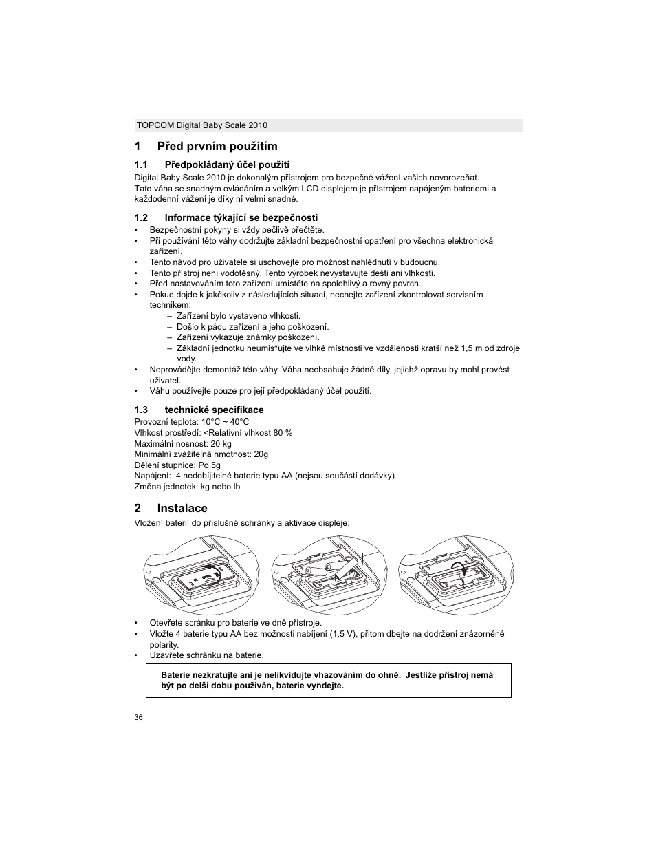 1pĝed prvním použitím, 2instalace | Topcom 2010 User Manual | Page 36 / 52