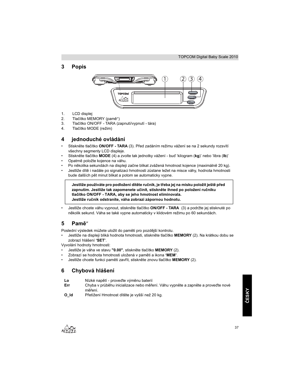 3popis, 4jednoduché ovládání, 5pamč s | 6chybová hlášení | Topcom 2010 User Manual | Page 37 / 52