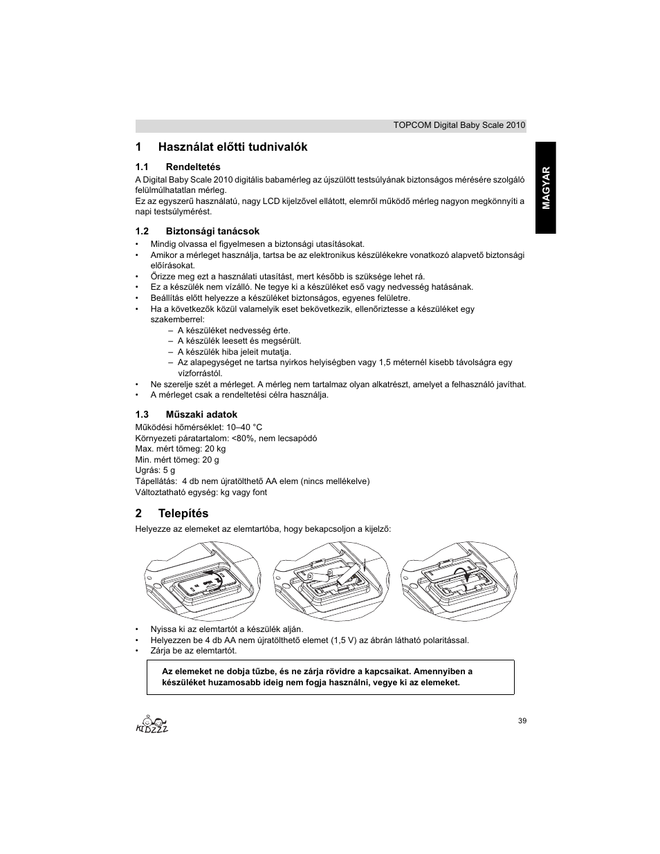 1használat elętti tudnivalók, 2telepítés | Topcom 2010 User Manual | Page 39 / 52
