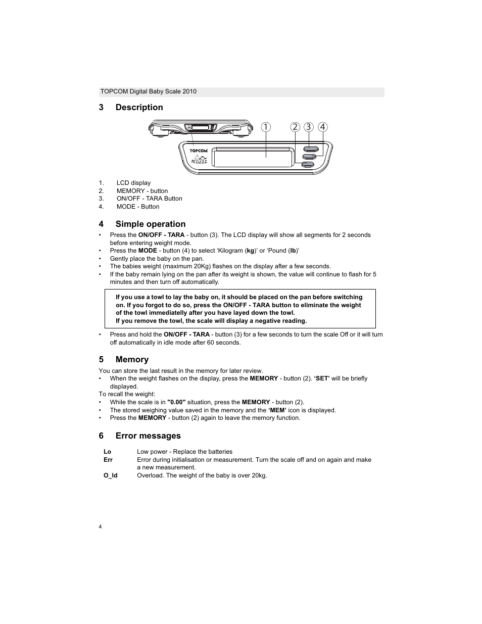 3description, 4simple operation, 6error messages | Topcom 2010 User Manual | Page 4 / 52