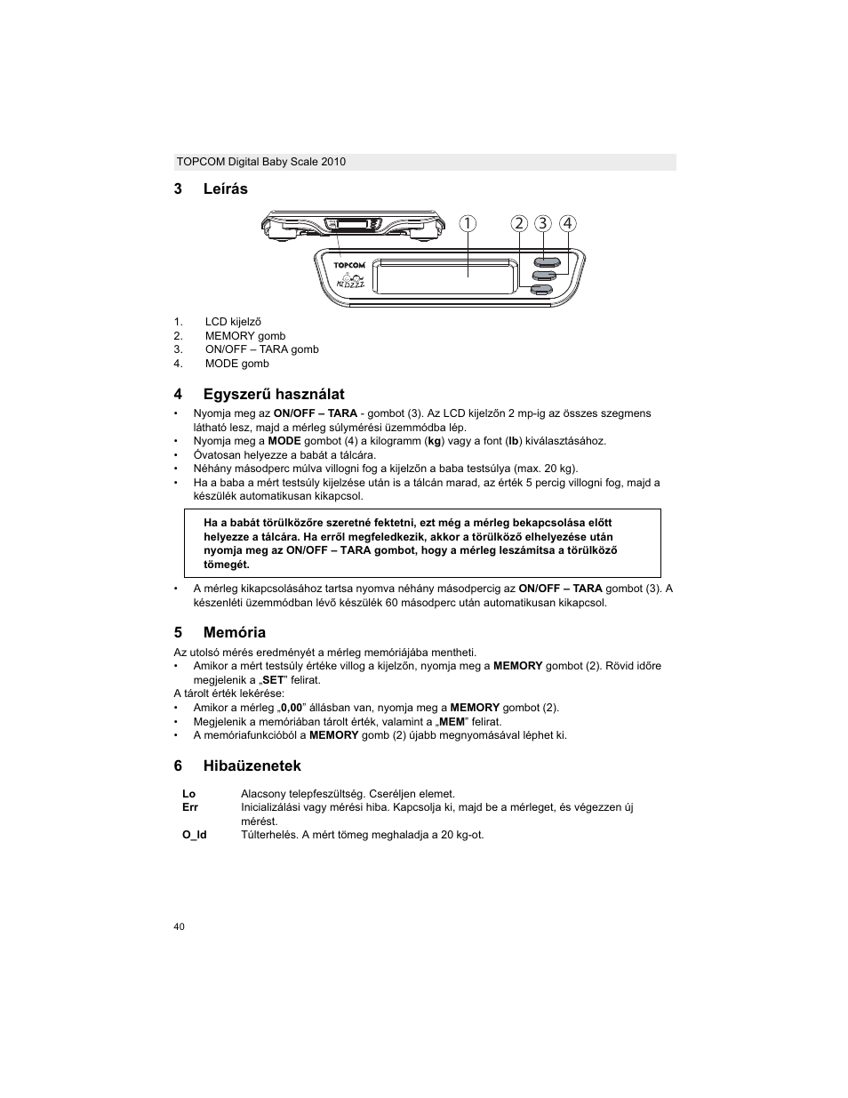 3leírás, 4egyszerħ használat, 5memória | 6hibaüzenetek | Topcom 2010 User Manual | Page 40 / 52
