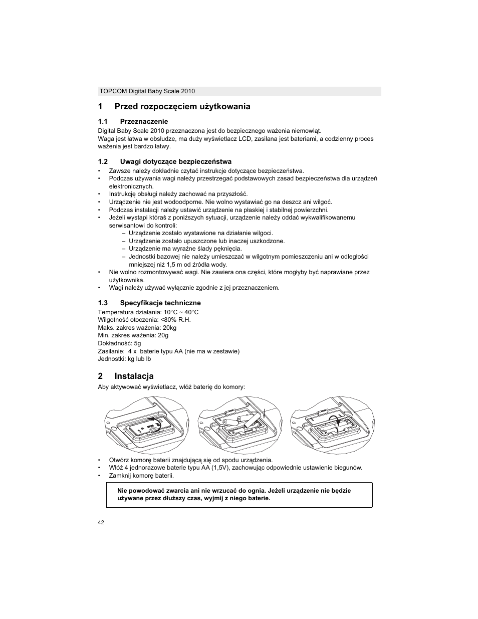 1przed rozpoczċciem uīytkowania, 2instalacja | Topcom 2010 User Manual | Page 42 / 52