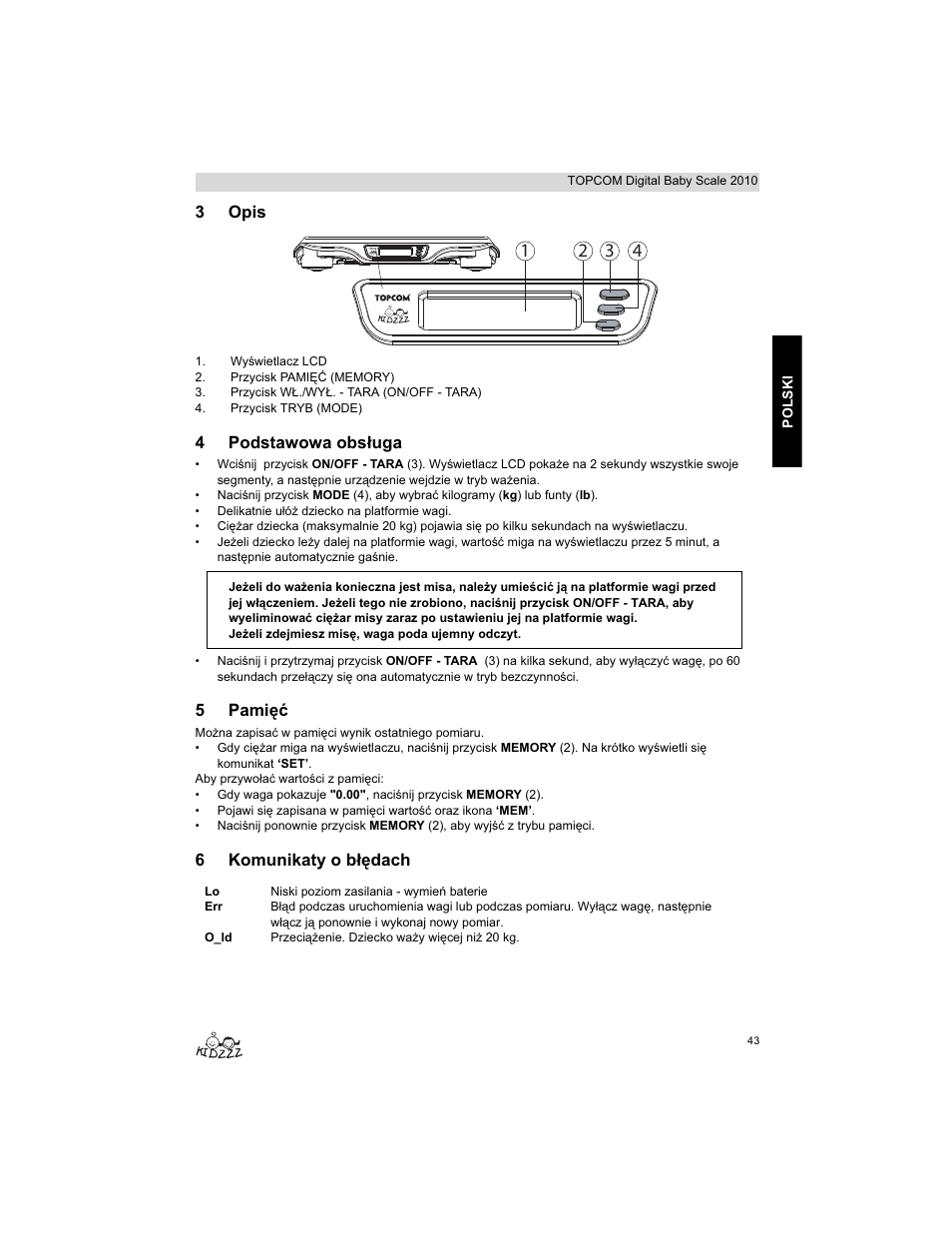 3opis, 4podstawowa obsáuga, 5pamiċü | 6komunikaty o báċdach | Topcom 2010 User Manual | Page 43 / 52