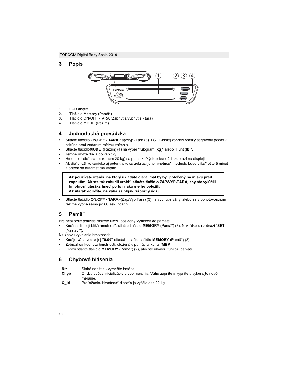 3popis, 4jednoduchá prevádzka, 5pamä s | 6chybové hlásenia | Topcom 2010 User Manual | Page 46 / 52