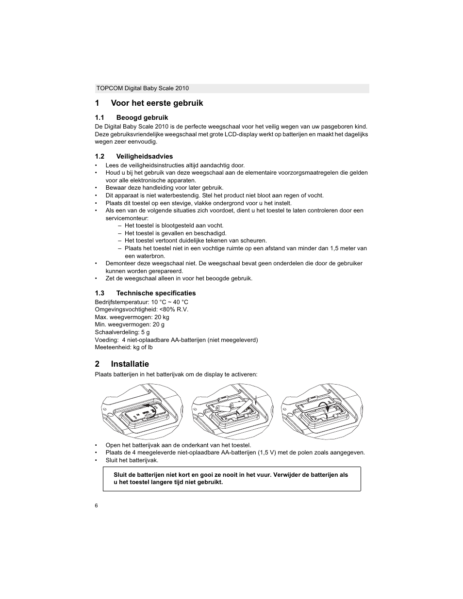 1voor het eerste gebruik, 2installatie | Topcom 2010 User Manual | Page 6 / 52