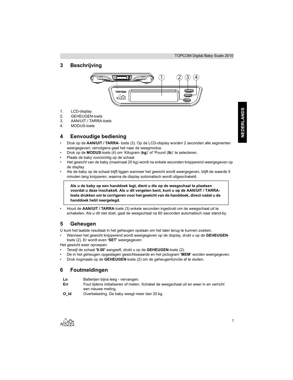 3beschrijving, 4eenvoudige bediening, 5geheugen | 6foutmeldingen | Topcom 2010 User Manual | Page 7 / 52