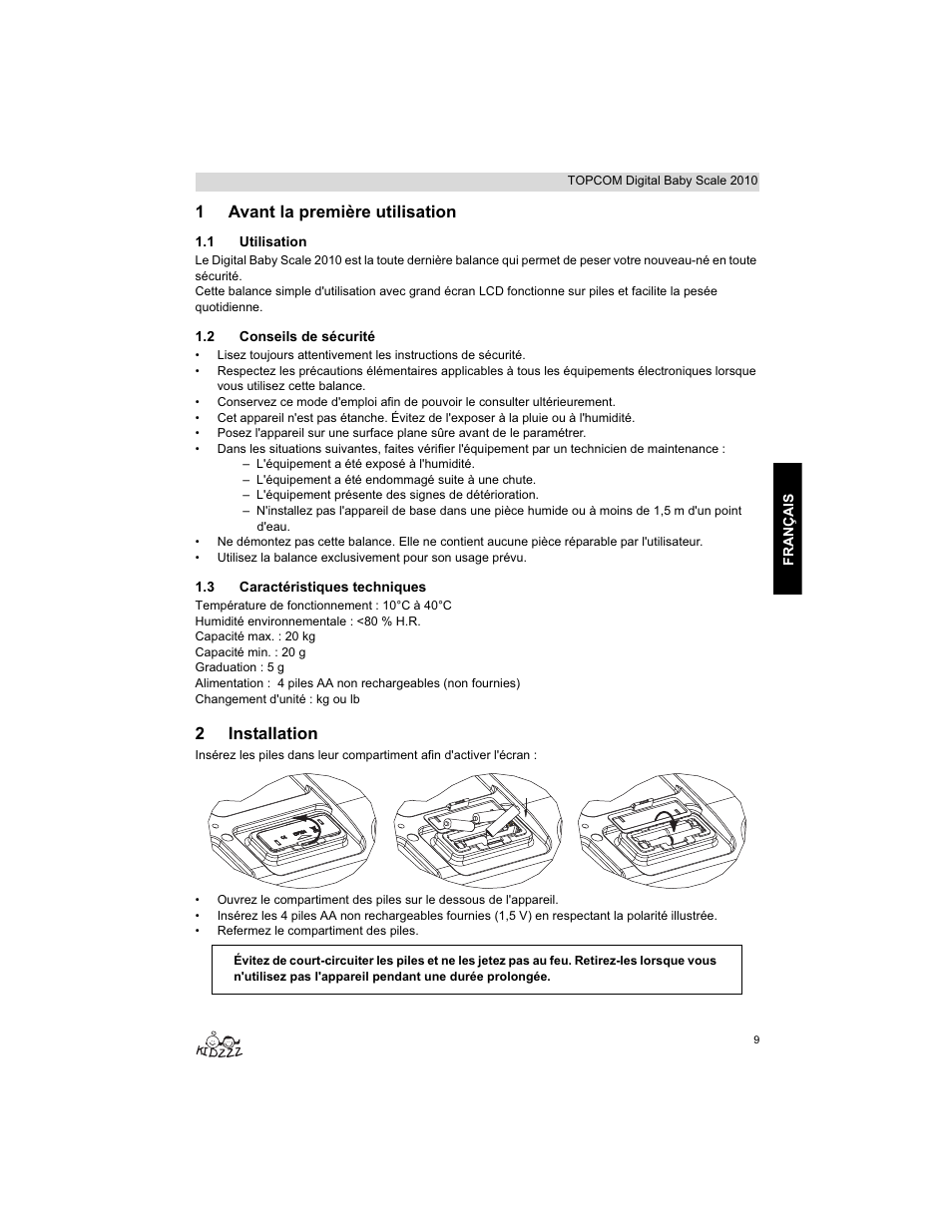 1avant la première utilisation, 2installation | Topcom 2010 User Manual | Page 9 / 52