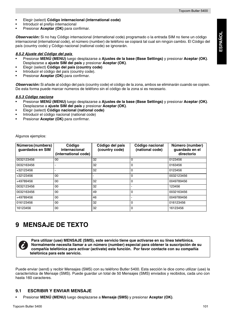 9 mensaje de texto, Esp añ ol, 1 escribir y enviar mensaje | Topcom BUTLER 5400 User Manual | Page 101 / 112