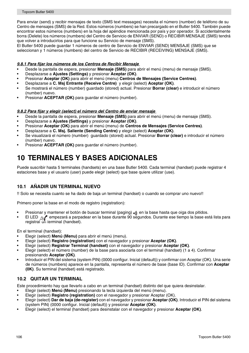 10 terminales y bases adicionales | Topcom BUTLER 5400 User Manual | Page 106 / 112