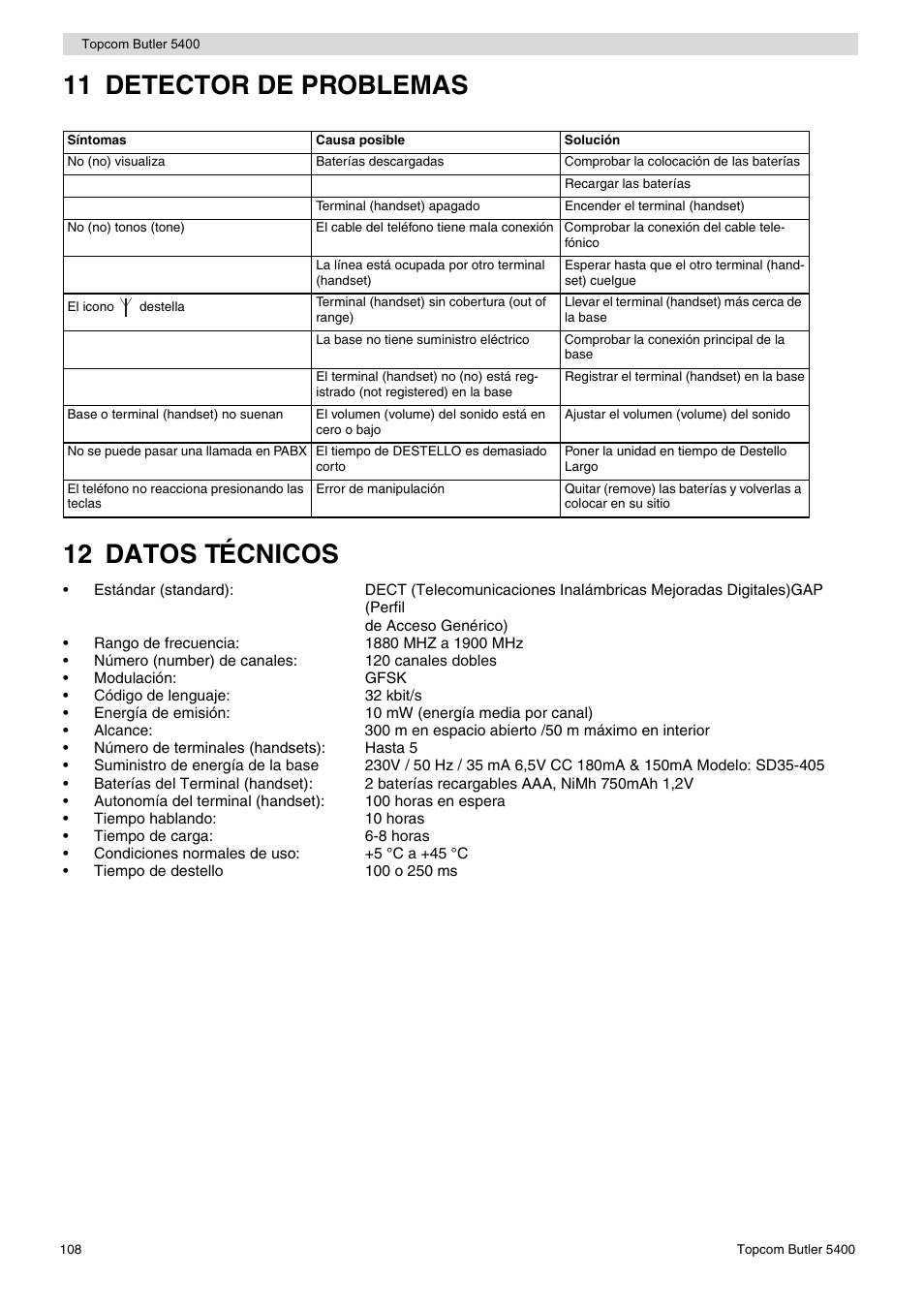 11 detector de problemas 12 datos técnicos | Topcom BUTLER 5400 User Manual | Page 108 / 112