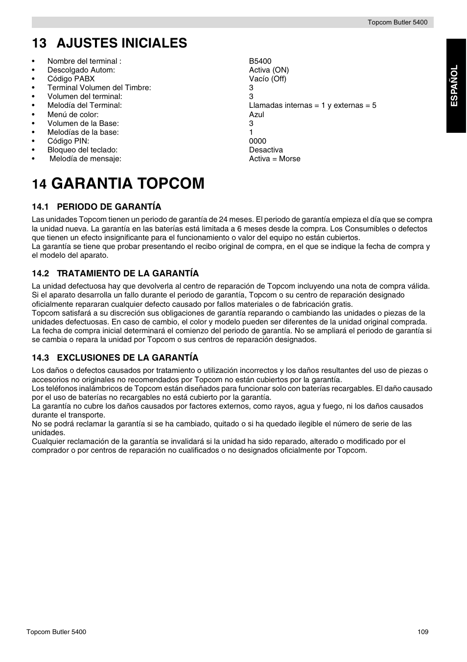 Garantia topcom, 13 ajustes iniciales | Topcom BUTLER 5400 User Manual | Page 109 / 112