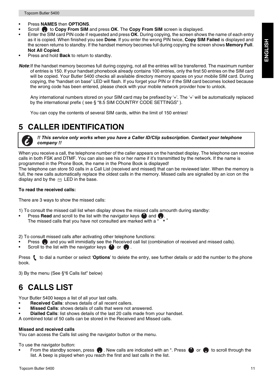 5 caller identification, 6 calls list | Topcom BUTLER 5400 User Manual | Page 11 / 112