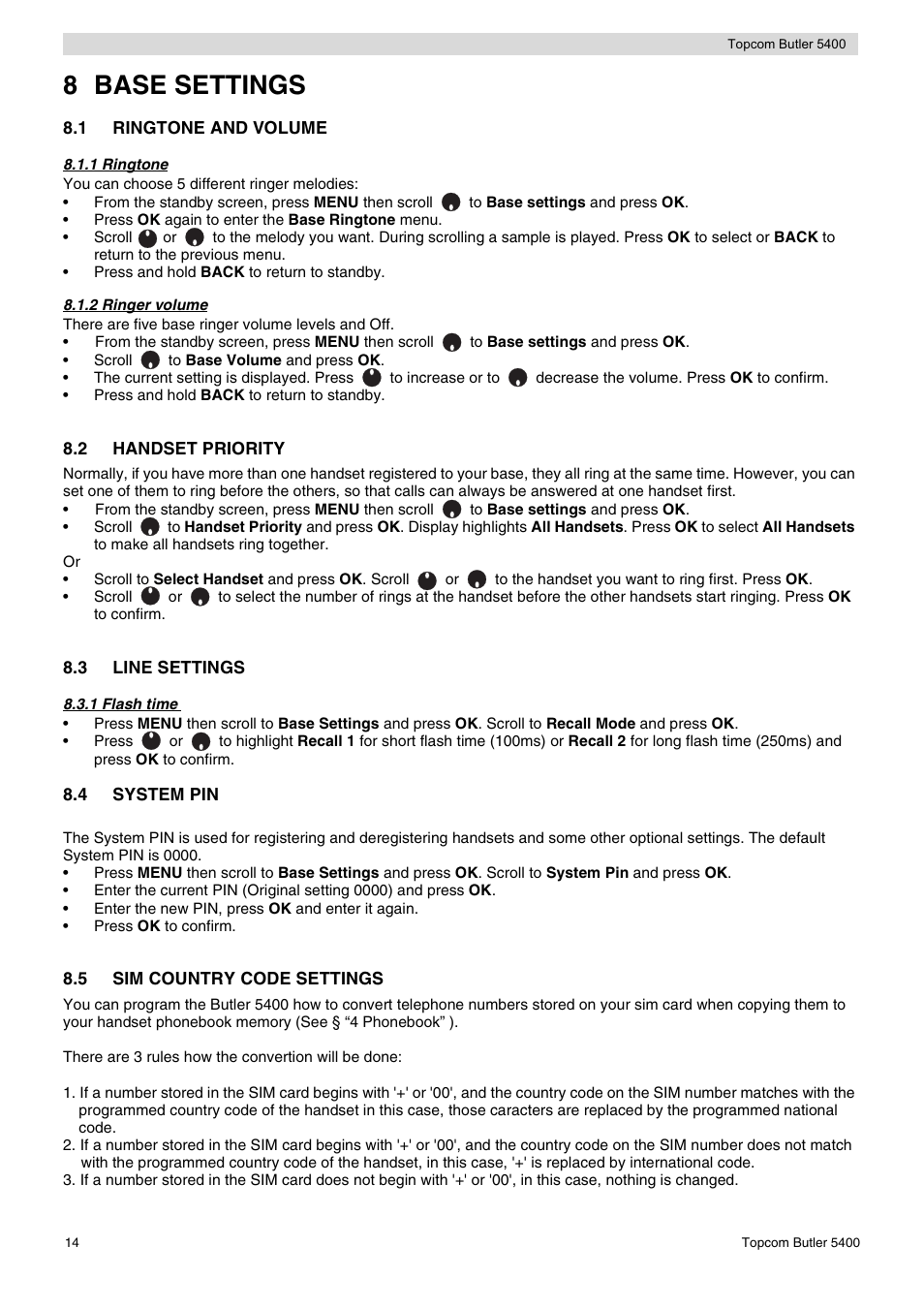 8 base settings | Topcom BUTLER 5400 User Manual | Page 14 / 112