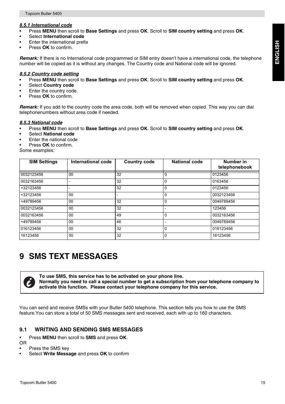 9 sms text messages, En glish, 1 writing and sending sms messages | Topcom BUTLER 5400 User Manual | Page 15 / 112