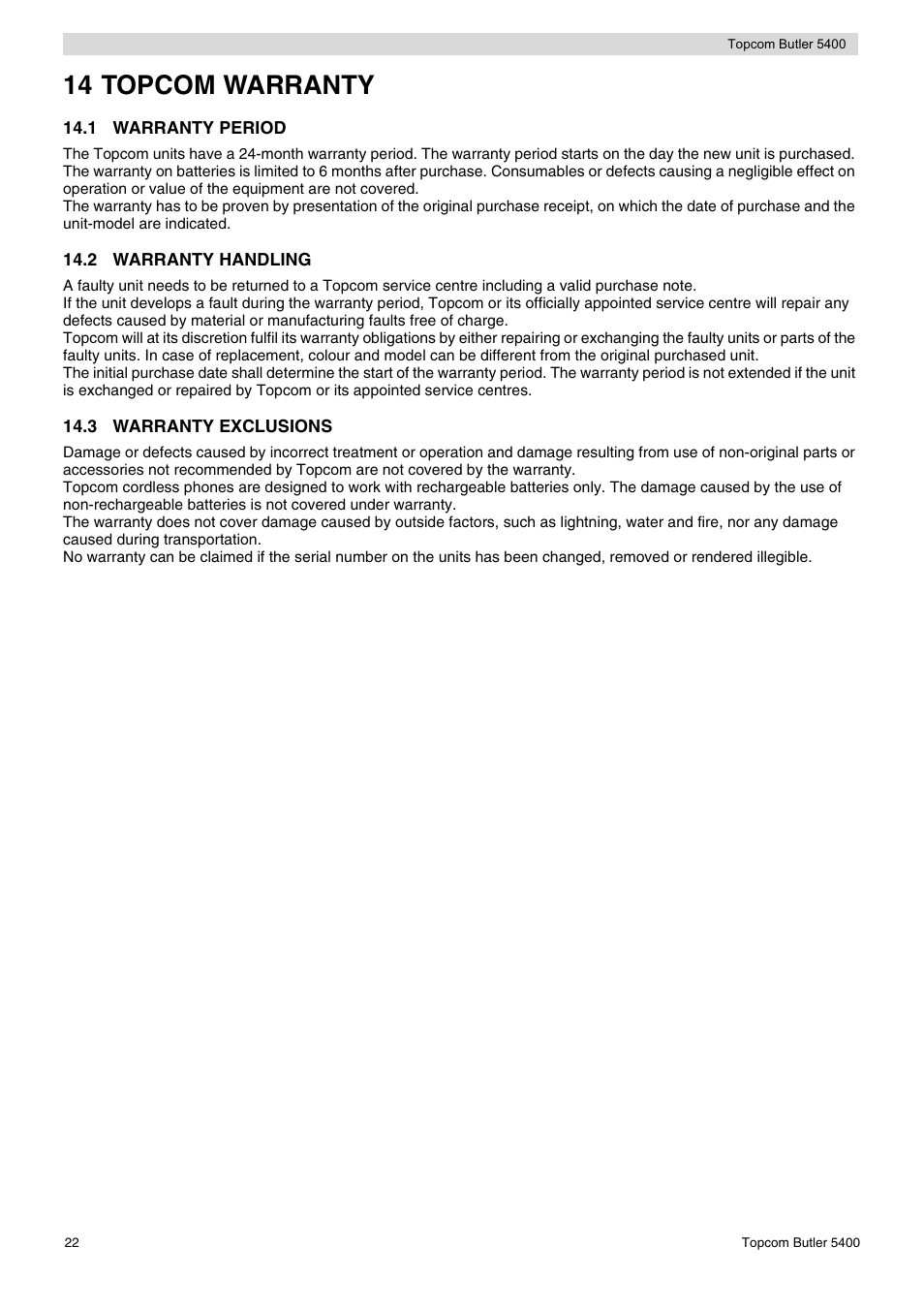 14 topcom warranty | Topcom BUTLER 5400 User Manual | Page 22 / 112