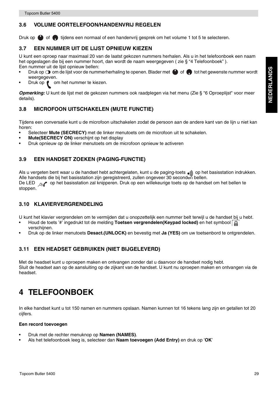 4 telefoonboek | Topcom BUTLER 5400 User Manual | Page 29 / 112