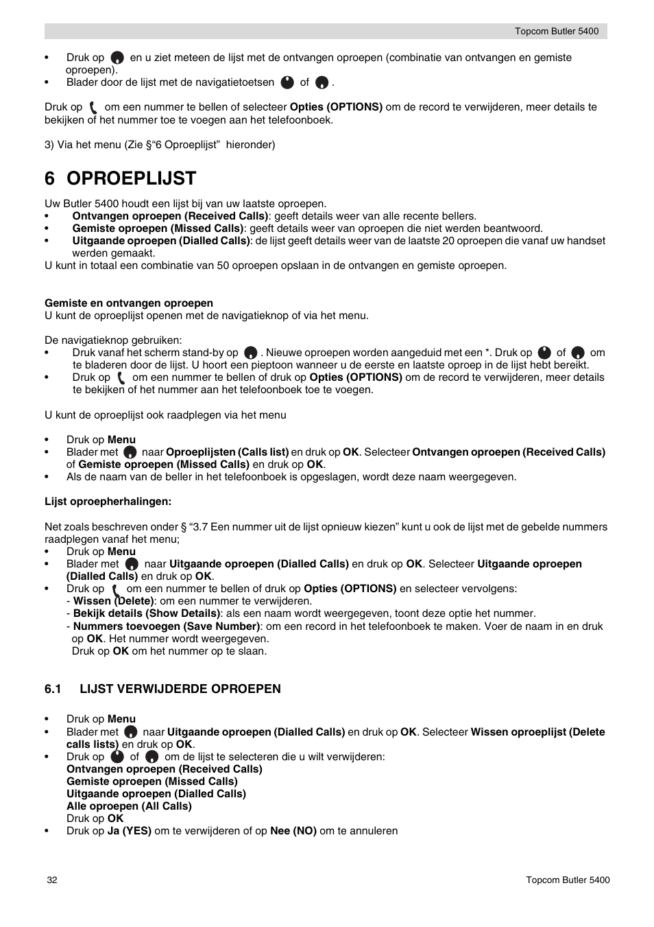 6 oproeplijst | Topcom BUTLER 5400 User Manual | Page 32 / 112