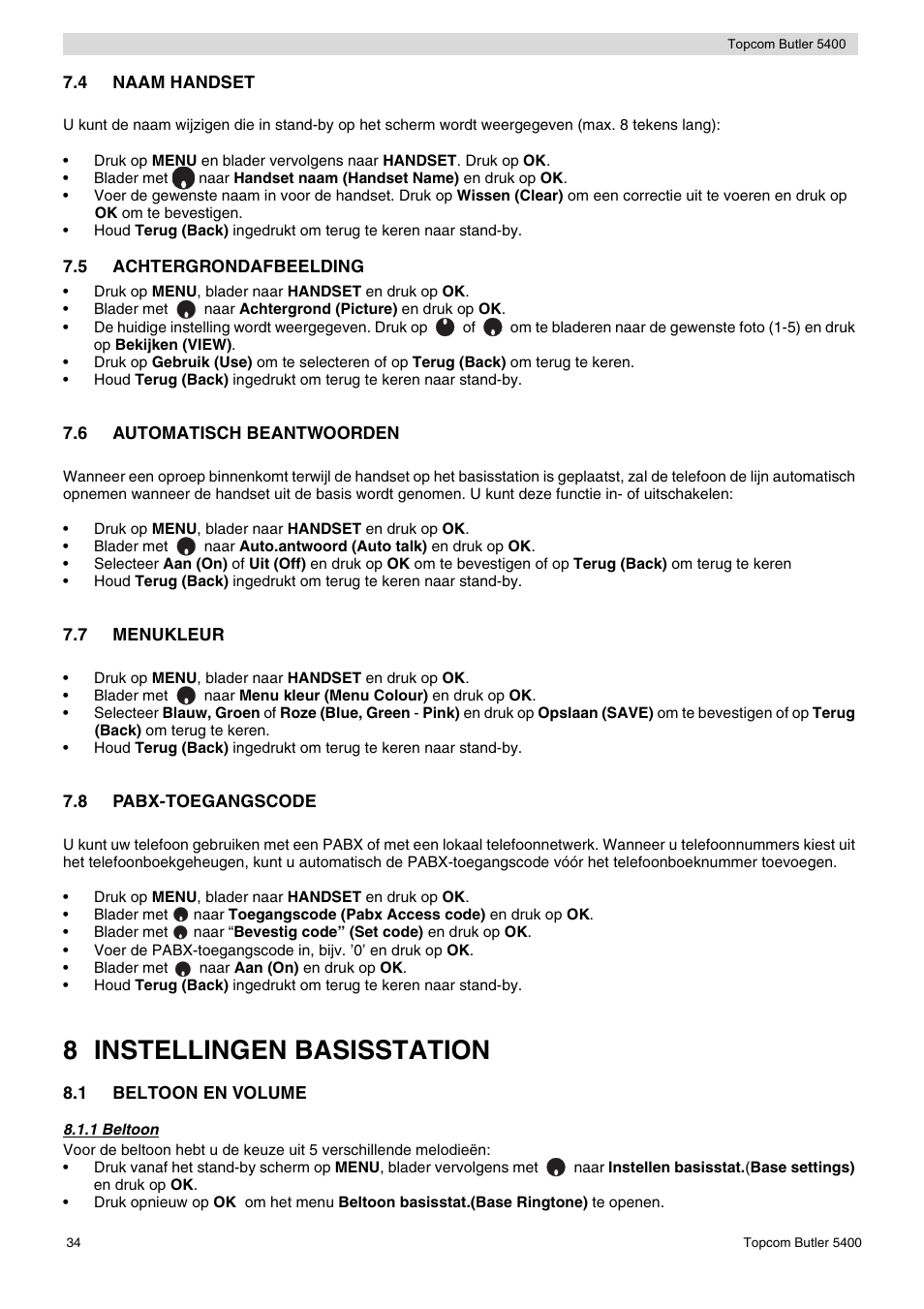 8 instellingen basisstation | Topcom BUTLER 5400 User Manual | Page 34 / 112