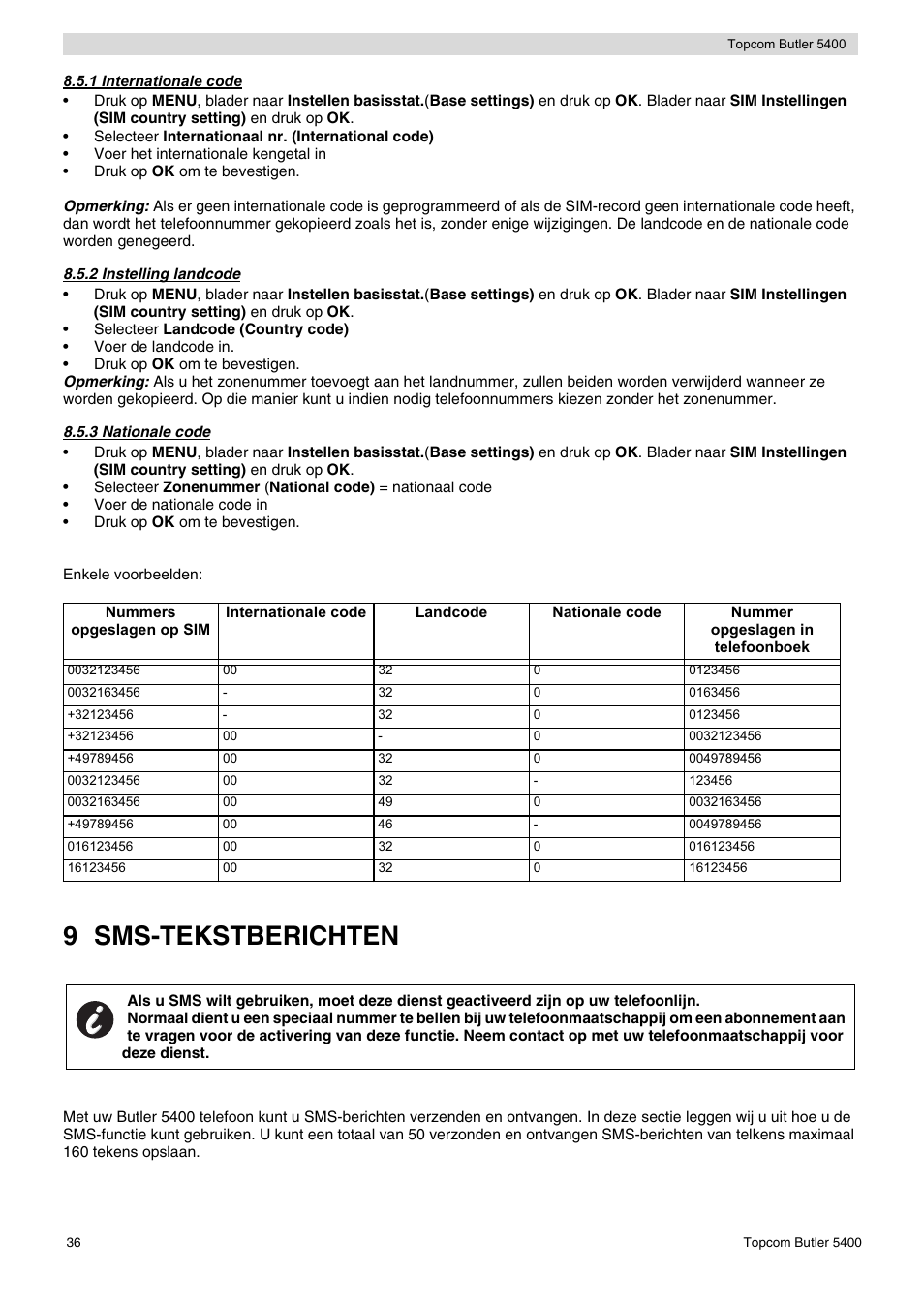 9 sms-tekstberichten | Topcom BUTLER 5400 User Manual | Page 36 / 112