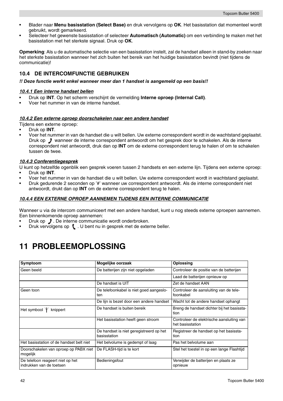 11 probleemoplossing, 4 de intercomfunctie gebruiken | Topcom BUTLER 5400 User Manual | Page 42 / 112