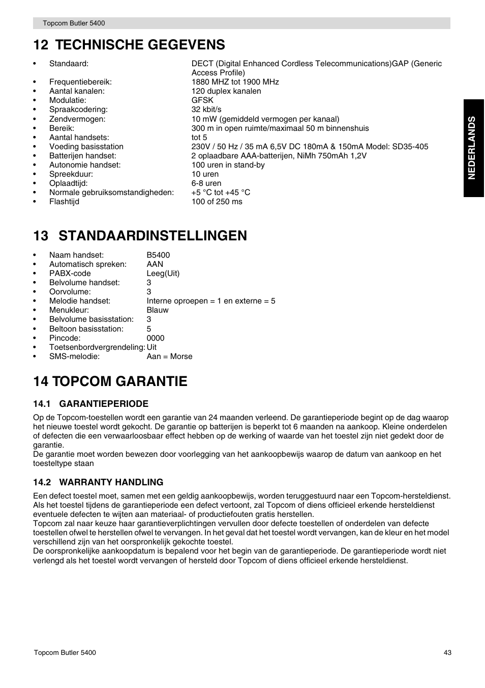 12 technische gegevens, 13 standaardinstellingen, 14 topcom garantie | Topcom BUTLER 5400 User Manual | Page 43 / 112