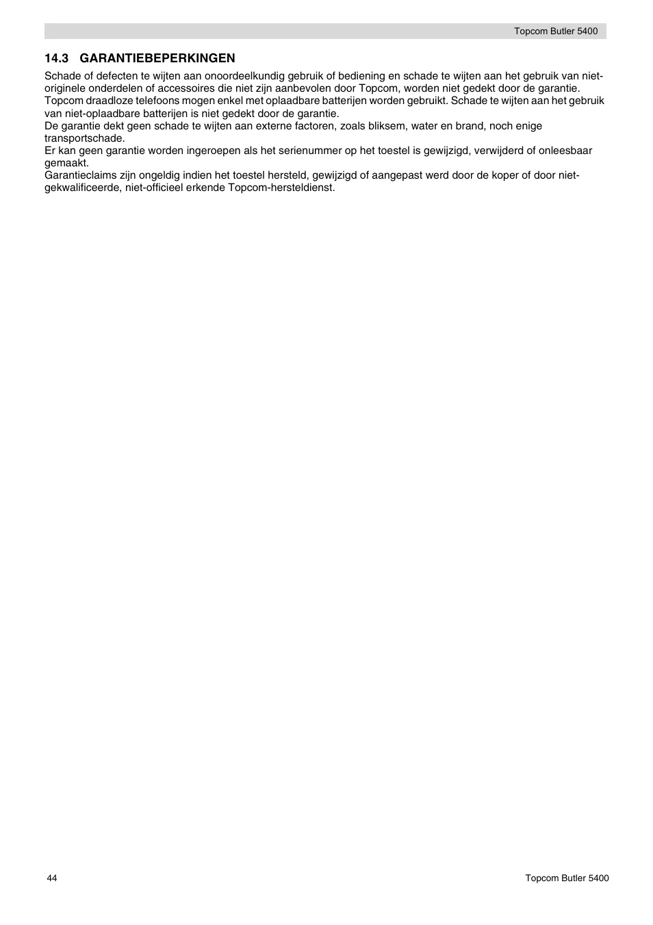 3 garantiebeperkingen | Topcom BUTLER 5400 User Manual | Page 44 / 112