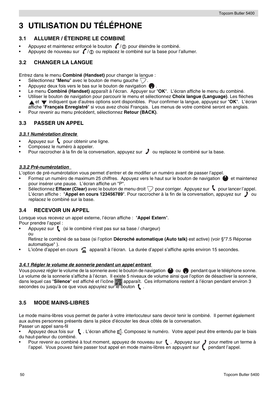 3 utilisation du téléphone | Topcom BUTLER 5400 User Manual | Page 50 / 112