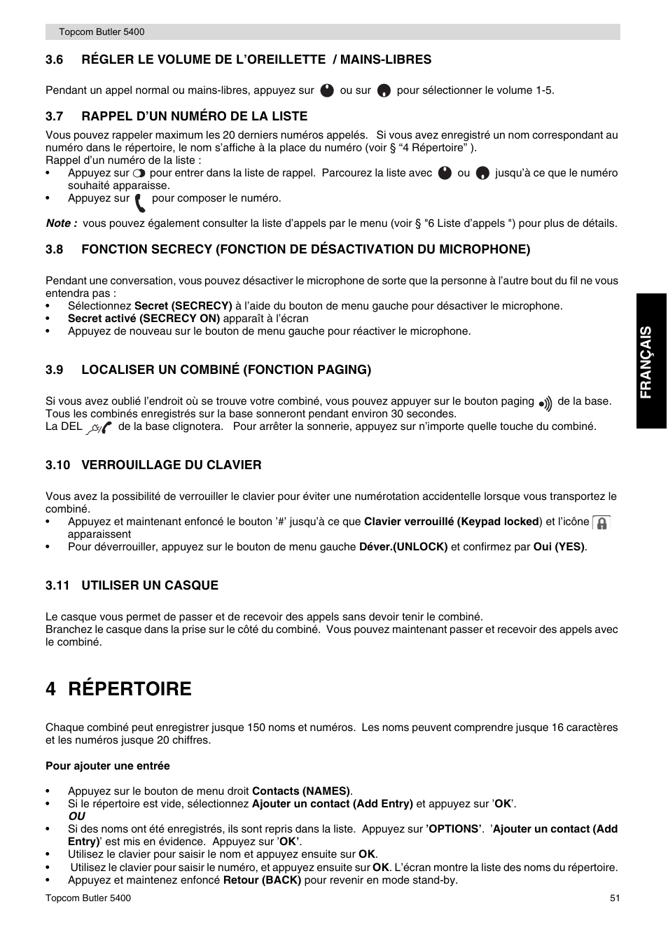 4 répertoire, Fr an ça is | Topcom BUTLER 5400 User Manual | Page 51 / 112