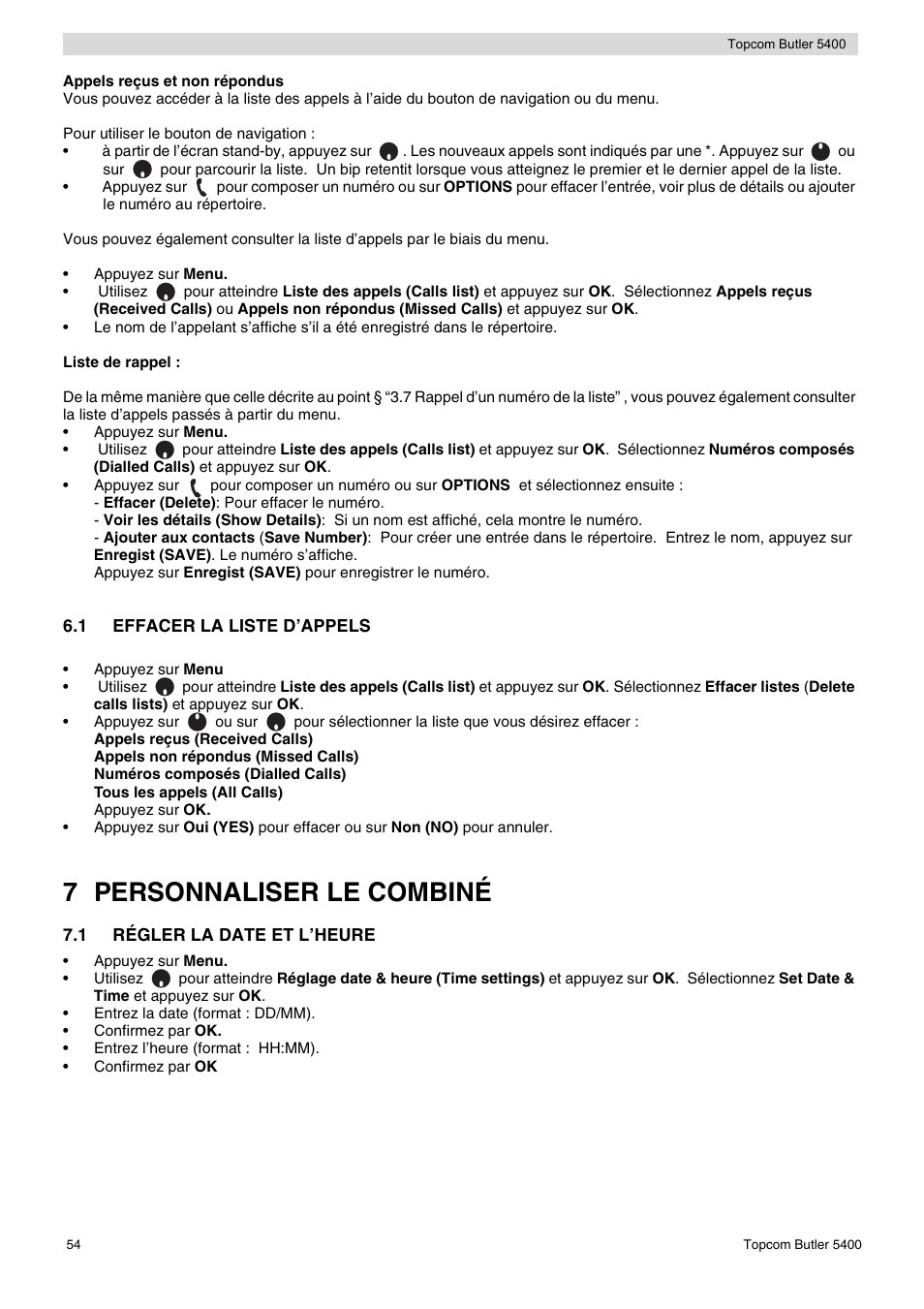 7 personnaliser le combiné | Topcom BUTLER 5400 User Manual | Page 54 / 112
